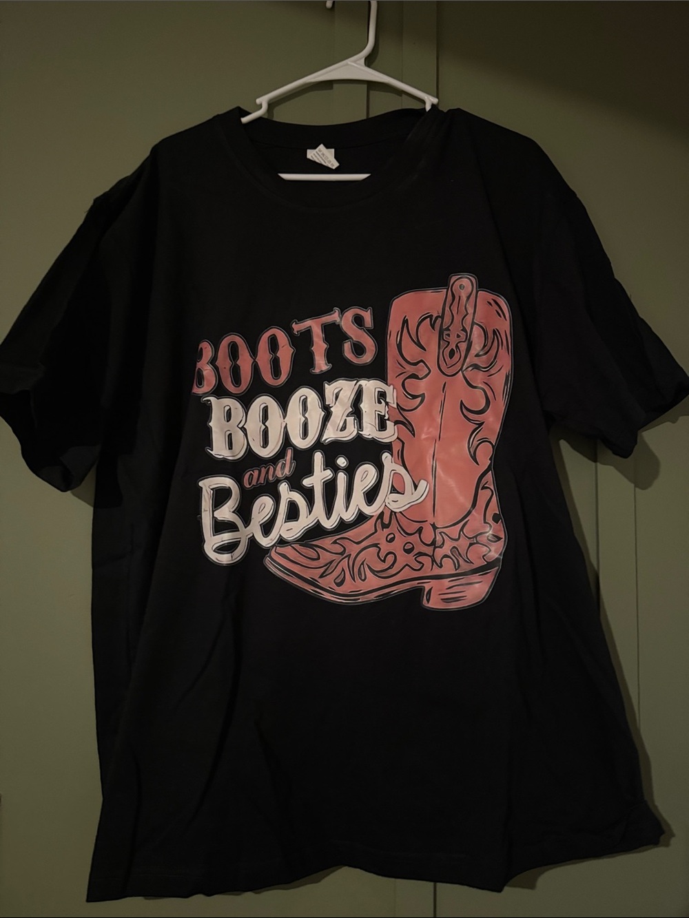 New in bag Boots Booze and Besties Graphic Tee - Black with Pink Accent